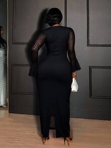 Veslaya Women's Plus Size Bodycon Dress,Autumn Elegant Formal Evening Black Sheer Mesh Patchwork Hollow Out Twist Knot Flare Sleeve Night Out Club Dress - Black - View 3