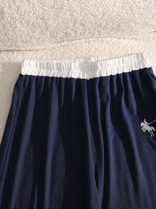 SHEIN 青少年女孩 2件組休閒騎士刺繡 Polo 領短袖 T 恤與長褲套裝，海軍藍，夏季，校園 - 藏蓝色 - 查看 6