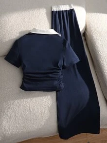 SHEIN 青少年女孩 2件組休閒騎士刺繡 Polo 領短袖 T 恤與長褲套裝，海軍藍，夏季，校園 - 藏蓝色 - 查看 3
