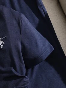 SHEIN 青少年女孩 2件組休閒騎士刺繡 Polo 領短袖 T 恤與長褲套裝，海軍藍，夏季，校園 - 藏蓝色 - 查看 8