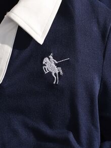SHEIN 青少年女孩 2件組休閒騎士刺繡 Polo 領短袖 T 恤與長褲套裝，海軍藍，夏季，校園 - 藏蓝色 - 查看 4