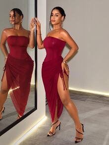 BamGleam 女款性感時尚抓皺側開衩細肩帶抹胸洋裝 酒紅色 夏季夜店派對穿搭 - 酒紅色 - 查看 4