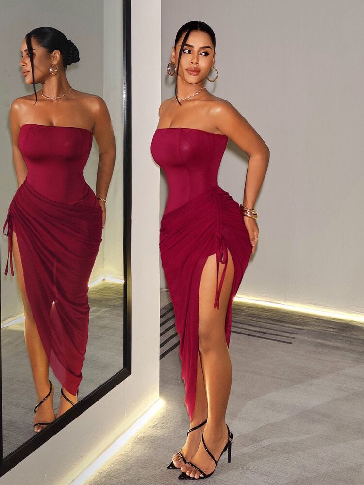 BamGleam Women's Sexy Fashion Ruched Side Slit Strappy Bandeau Dress Club Party Burgundy Summer - Burgundy - View 5