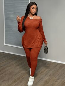 Veslaya 女士罗纹针织罗纹斜肩长袖上衣和长裤套装，秋冬季保暖 - 咖啡棕 - 查看 4