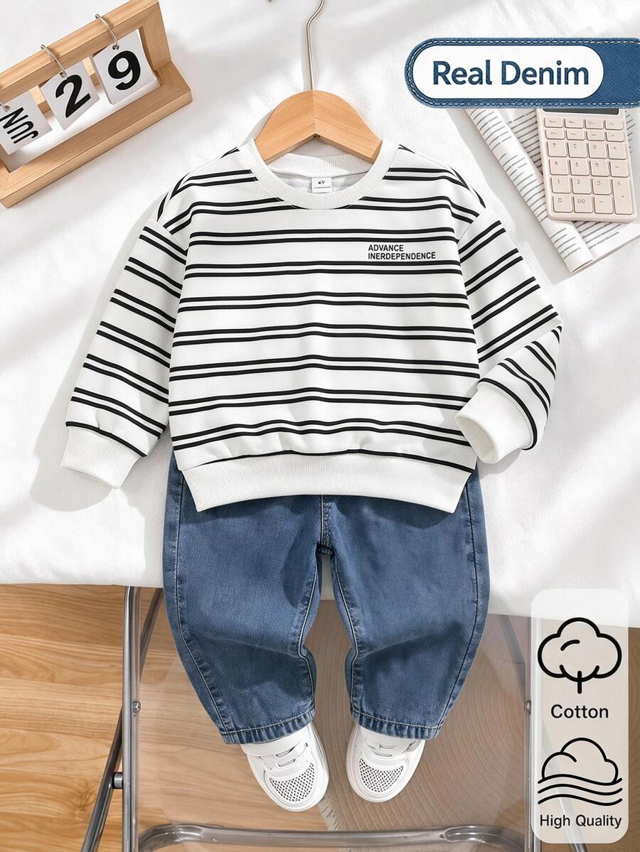 SHEIN Genkimix Kids 男童時尚兩件套,灰色針織圓領長袖套頭衛衣與假口袋牛仔褲休閒套裝,簡約設計,適合日常穿著、上學、旅行、度假、放鬆、曬日光浴 - 黑與白 - 查看 1
