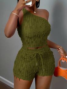 Slaydiva New Casual Vacation Spring/Summer Asymmetric Fitted Textured Camisole And Shorts 2pcs Set, Plus Size - Army Green - View 7