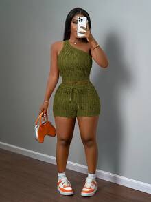 Slaydiva New Casual Vacation Spring/Summer Asymmetric Fitted Textured Camisole And Shorts 2pcs Set, Plus Size - Army Green - View 5