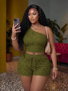 Slaydiva New Casual Vacation Spring/Summer Asymmetric Fitted Textured Camisole And Shorts 2pcs Set, Plus Size - Army Green - View 1