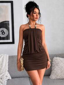 Elenzga Women's Solid Color Pleated Fashion Date Party Halter Neck Dress - Brown - View 3