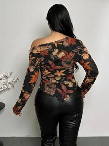 Firerie Brown Maple Leaf Floral Hem Asymmetrical Cold Shoulder Plus Size T-Shirt - Multicolor - View 2