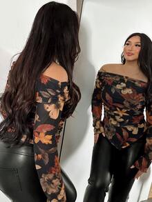 Firerie Brown Maple Leaf Floral Hem Asymmetrical Cold Shoulder Plus Size T-Shirt - Multicolor - View 4