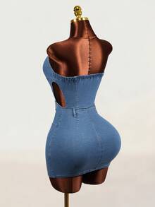 Mistrie Women's Button Casual Daily Strapless Denim Dress - Light Wash - View 3