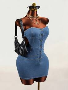 Mistrie Women's Button Casual Daily Strapless Denim Dress - Light Wash - View 5