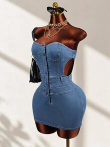 Mistrie Women's Button Casual Daily Strapless Denim Dress - Light Wash - View 2