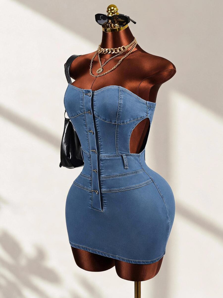 Mistrie Women's Button Casual Daily Strapless Denim Dress