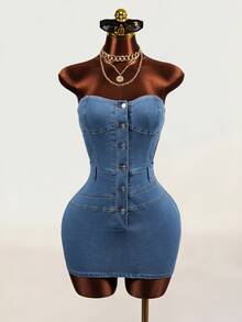 Mistrie Women's Button Casual Daily Strapless Denim Dress - Light Wash - View 7