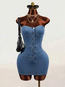 Mistrie Women's Button Casual Daily Strapless Denim Dress - Light Wash - View 4