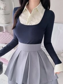 FRIFUL Women's Patchwork Sweet Long Sleeve T-Shirt - Blue - View 6