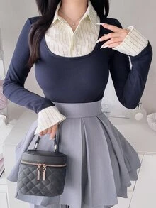 FRIFUL Women's Patchwork Sweet Long Sleeve T-Shirt - Blue - View 5