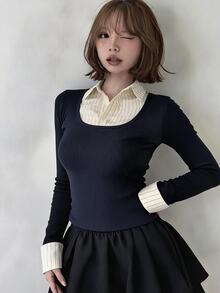 FRIFUL Women's Patchwork Sweet Long Sleeve T-Shirt - Blue - View 10