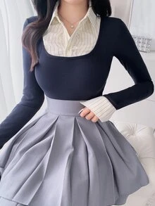 FRIFUL Women's Patchwork Sweet Long Sleeve T-Shirt - Blue - View 11