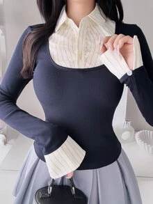 FRIFUL Women's Patchwork Sweet Long Sleeve T-Shirt - Blue - View 8