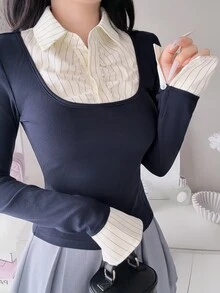 FRIFUL Women's Patchwork Sweet Long Sleeve T-Shirt - Blue - View 7