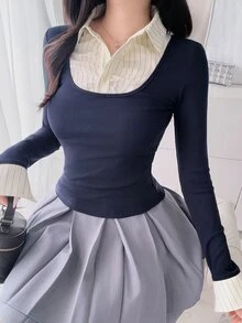 FRIFUL Women's Patchwork Sweet Long Sleeve T-Shirt - Blue - View 2