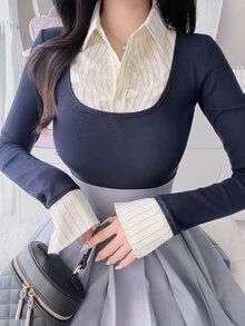 FRIFUL Women's Patchwork Sweet Long Sleeve T-Shirt - Blue - View 4