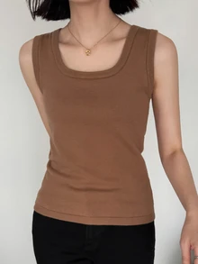 FRIFUL Women's Solid Color Single Button Tank Top And Camisole 2 Pieces Set - Khaki - View 5