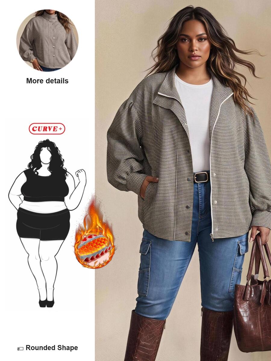 SHEIN CURVE+ Plus Size Fashion Plaid Zipper Button Long Sleeve Jacket, Teacher's Day Back To School Office Going Out Formal Autumn Casual 1920 Vintage Fall White - Black - View 1