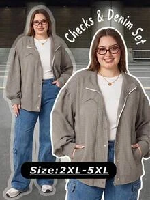 SHEIN CURVE+ Plus Size Fashion Plaid Zipper Button Long Sleeve Jacket, Teacher's Day Back To School Office Going Out Formal Autumn Casual 1920 Vintage Fall White - Black - View 9