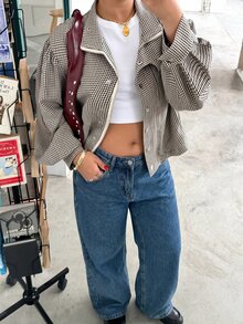 SHEIN CURVE+ Plus Size Fashion Plaid Zipper Button Long Sleeve Jacket, Teacher's Day Back To School Office Going Out Formal Autumn Casual 1920 Vintage Fall White - Black - View 4