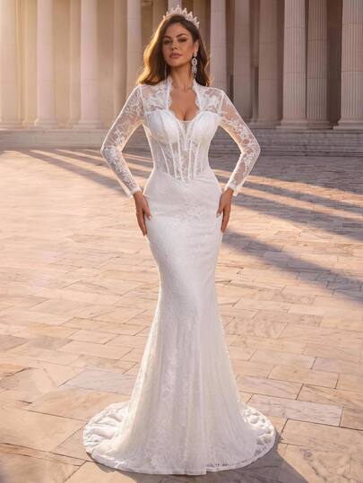 Glamrae Elegant Luxurious White Lace Eyelash Trim Handmade Applique Decoration, Lace Stand Collar Waist Sheer Detail, Mermaid Skirt With Train, Suitable For Wedding, Bridal Gown, Formal Occasions, Wedding Dress