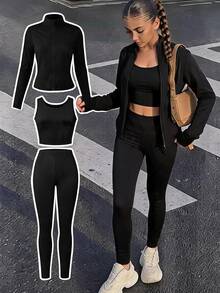Teen Girl Solid Color Round Neck Sleeveless Tank Top Paired With Slim Fit Comfortable Long Pants And Long Sleeve Jacket Set - Black - View 1