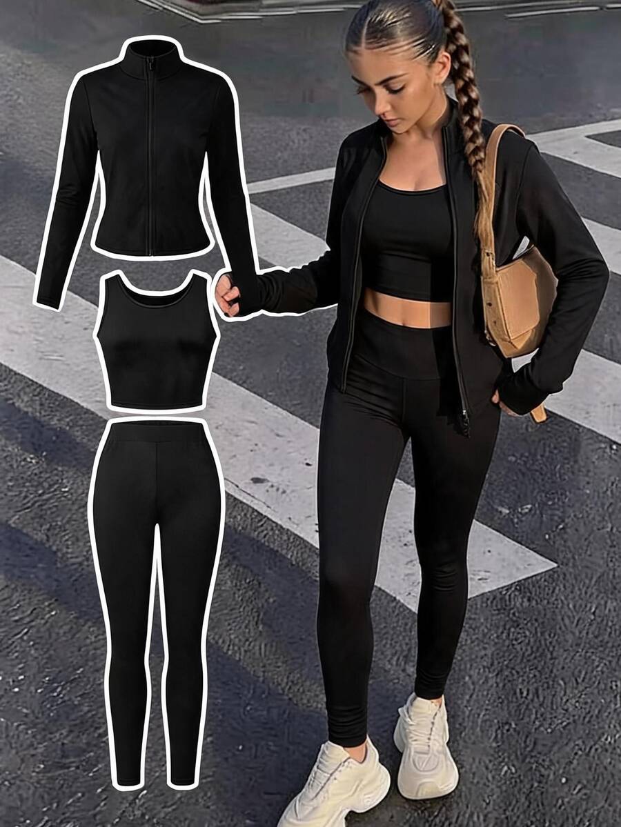 Teen Girl Solid Color Round Neck Sleeveless Tank Top Paired With Slim Fit Comfortable Long Pants And Long Sleeve Jacket Set - Black - View 1