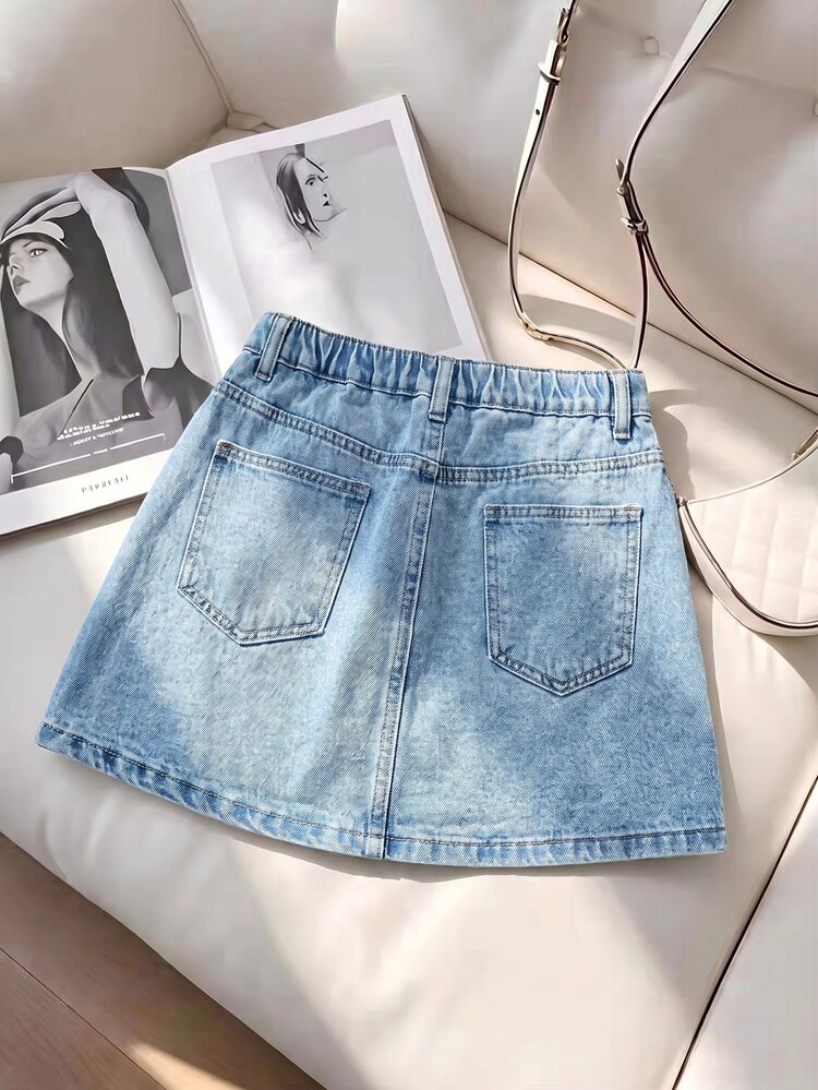 SHEIN Teen Girl Summer Casual Blue Denim Skirt Fall Winter 2026 Cute Y2k Versatile Halloween New Year - Blue - View 6