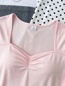 青少年女孩純色甜心領百褶休閒背心上衣 - 彩色 - 查看 8