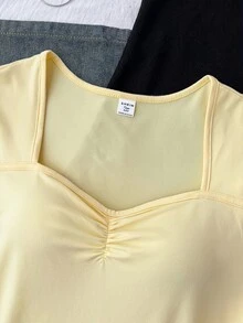 Teen Girl Solid Color Sweetheart Neck Pleated Casual Tank Top Pcs - Multicolor - View 8
