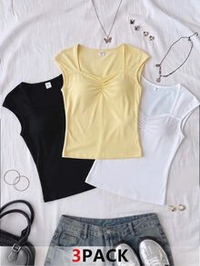 Teen Girl Solid Color Sweetheart Neck Pleated Casual Tank Top Pcs - Multicolor - View 5