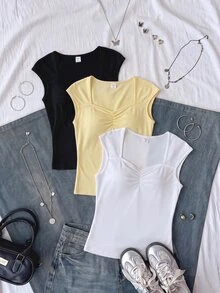 Teen Girl Solid Color Sweetheart Neck Pleated Casual Tank Top Pcs - Multicolor - View 3