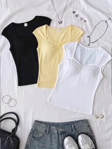 Teen Girl Solid Color Sweetheart Neck Pleated Casual Tank Top Pcs - Multicolor - View 2
