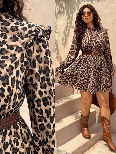 SHEIN Frenchy Vestido de mujer talla grande con estampado integral, casual y sexy, estilo Ninang, para uso diario, brunch, formal, otoño, viajes, cumpleaños, bodas, beige, elegante, leopardo, vacaciones
