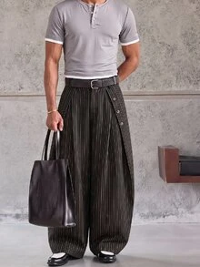 ESTAVOR Men's Striped Loose Casual Pants With Button Decor, Versatile - Black - View 1