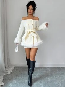 Elenzga Off Shoulder Fuzzy Trim Double Breasted Belted Overcoat - Beige - View 5