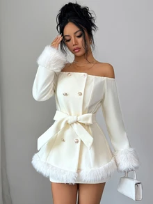Elenzga Off Shoulder Fuzzy Trim Double Breasted Belted Overcoat - Beige - View 6