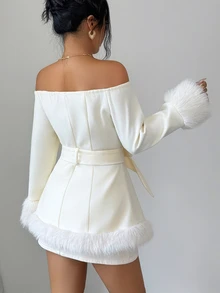 Elenzga Off Shoulder Fuzzy Trim Double Breasted Belted Overcoat - Beige - View 2