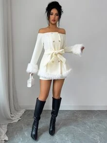 Elenzga Off Shoulder Fuzzy Trim Double Breasted Belted Overcoat - Beige - View 8