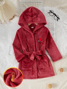 Genkimix Kids 男孩紅色極簡時尚超級英雄面具刺繡長袖連帽褲裝睡衣，適合居家、派對、秋冬季節，男孩最佳禮物，完美適用於秋冬季節、居家休閒、節日派對與親子穿搭 - 紅色 - 查看 4