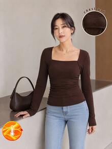 Yumoku Women's Solid Color Square Neck Long Sleeve Fitted Casual All-Match Versatile T-Shirt Brunch Dark Brown Winter With Chest Pad - Coffee Brown - View 5